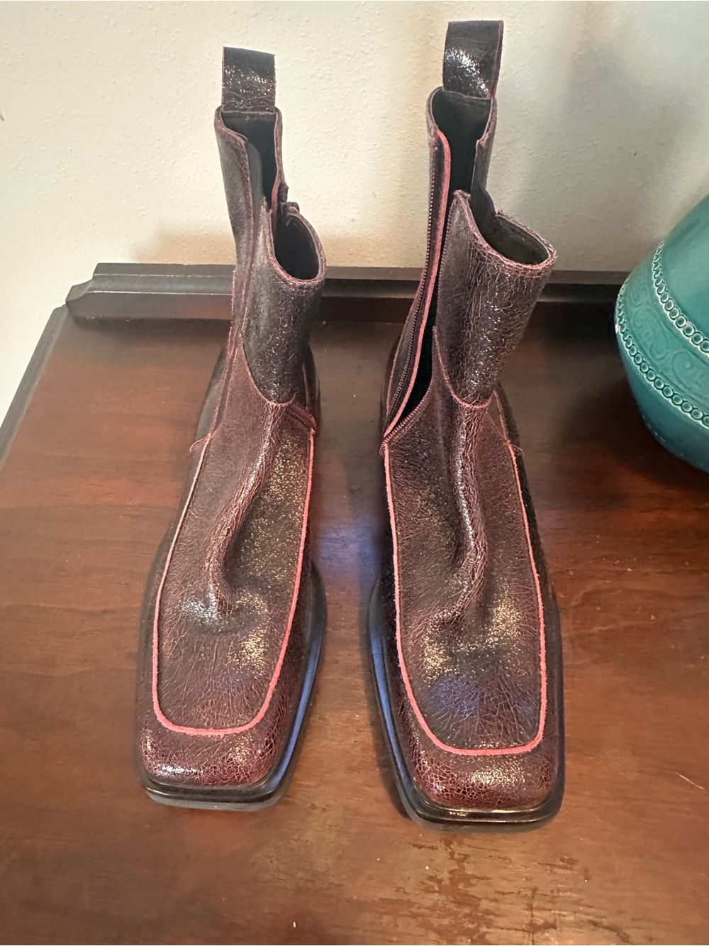 Free People - Miista  Burgundy/Wine Leather Square-Toe Ankle Boots for Women